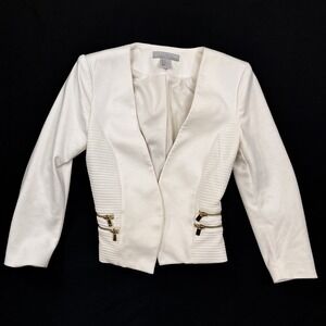 GUC H&M Cream Structured Blazer Jacket Gold Zipper Pockets Dress Workwear Size 4